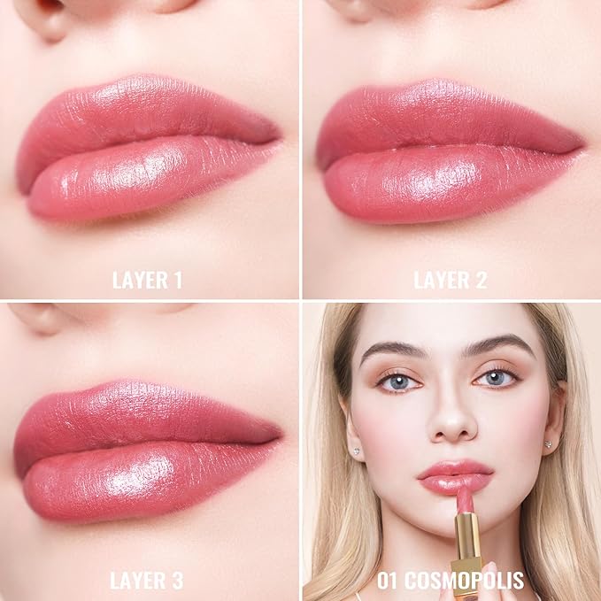 Oulac Pink Lipstick for Women with Metallic 3D Shine Lightweight Hydrating Formula, High Impact Lip Color, Vegan Beauty, Full Coverage Lip Makeup, Christmas Gifts for Women, Cosmopolis(01)-Velvo Beauty