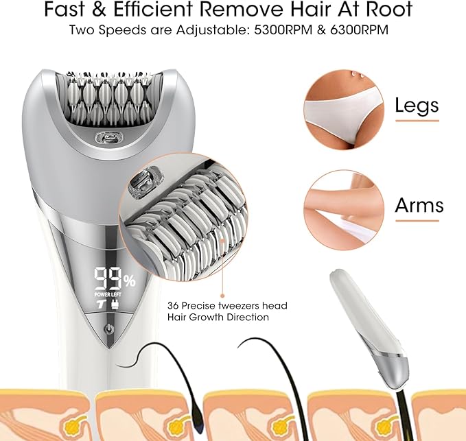 Epilator for Women, 7 in 1 Epilator Hair Removal for Women, Shaver, Bikini, Face Razor, Facial Brush, Face Massage and Body Exfoliator, IPX6 Waterproof Painless Lady Shaver Wet & Dry (White)-Velvo Beauty