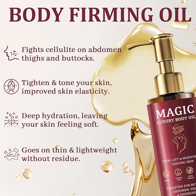 Magic Body Firming Oil, Luxury Body Oil for Crepe Skin, Tightening & Hydrating Body Oil After Shower with Vitamin E and Rosehip, Non-Greasy Body Serum Oil for Thighs, Arms, Chest, 100ML / 3.38 Fl Oz-Velvo Beauty
