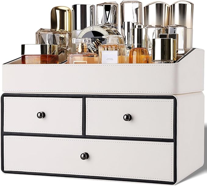 GORESE Leather Makeup Organizer with Drawers for Vanity, Stackable Skincare Holder Dresser Organizer Countertop, Make Up Storage Organizers Counter Cosmetic Display Case Gifts for Women(Cream White)-Velvo Beauty