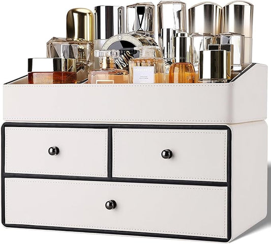 GORESE Leather Makeup Organizer with Drawers for Vanity, Stackable Skincare Holder Dresser Organizer Countertop, Make Up Storage Organizers Counter Cosmetic Display Case Gifts for Women(Cream White)-Velvo Beauty