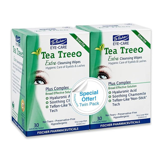 Dr. Fischer Tea Tree Oil Eye Wipes - Eyelid Wipes for Sensitive Eyes with Hyaluronic Acid and Chamomile, Makeup Remover, Daily Cleanser (60 wipes)-Velvo Beauty