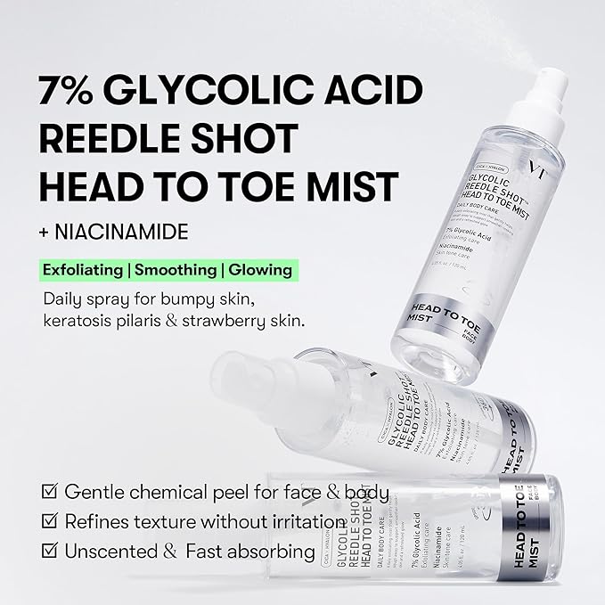 VT COSMETICS 7% Glycolic Acid Reedle Shot Head-to-Toe Mist with Niacinamide, Exfoliating Spray for Bumpy & Strawberry Skin, Dark Spots, Skin Texture, Keratosis Pilaris, Korean Skincare (4.05 fl oz)-Velvo Beauty