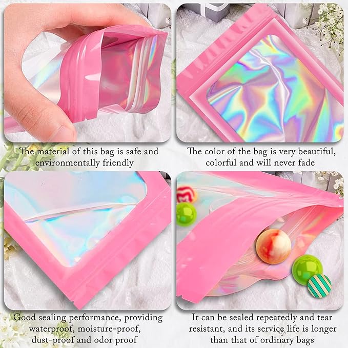ANZNKU 100 Pcs Smell Proof Mylar Resealable Bags, Holographic Packaging Bags, Resealable Odor Foil Pouch Zip Bag with Clear Window for Food Storage and Lipgloss, Jewelry Lash (Pink, 3.9 x 7.1 Inch)-Velvo Beauty