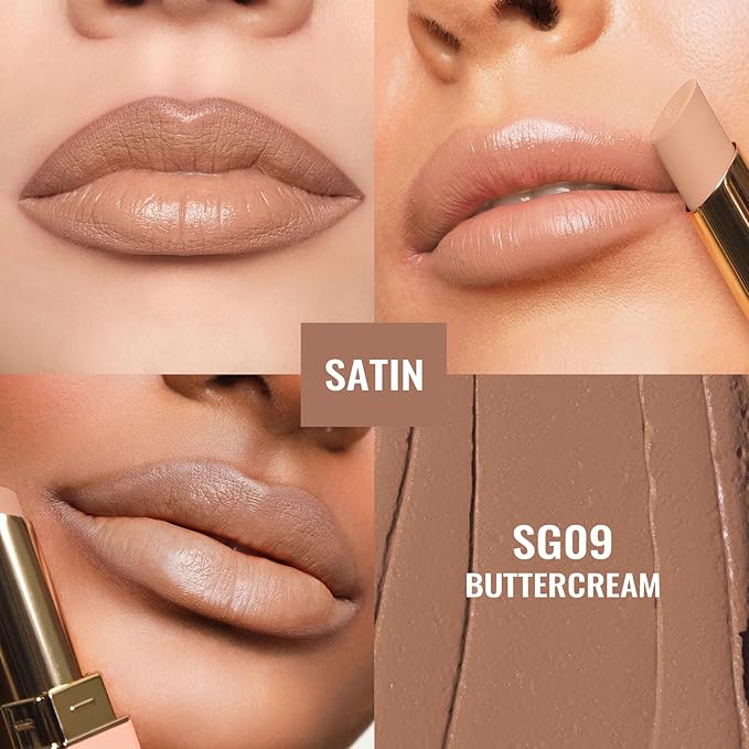 Oulac Color Rich Satin Lipstick - Nude Beige Full Coverage Lip Color, Creamy Silky-Smooth, Moisturizing, Satin Matte Finish, Infused With Shea Butter, Vegan & Clean Beauty, 4g, SG09 Buttercream-Velvo Beauty