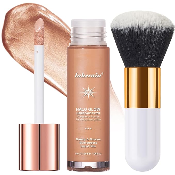 Natural Glow Liquid Filter Makeup, Longwear Face Luminizer, Complexion Booster For Any Part of the Body, Liquid Highlighter with Brush Kit, Infused Hyaluronic Acid, 1.06 fl oz (#04 MEDIUM)-Velvo Beauty