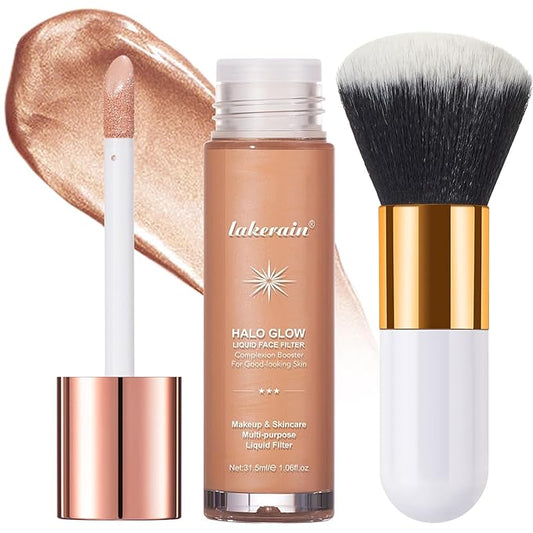 Natural Glow Liquid Filter Makeup, Longwear Face Luminizer, Complexion Booster For Any Part of the Body, Liquid Highlighter with Brush Kit, Infused Hyaluronic Acid, 1.06 fl oz (#04 MEDIUM)-Velvo Beauty