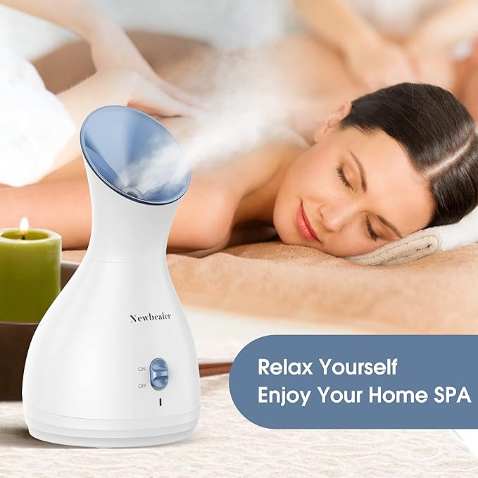 Newbealer 2in1 Facial Steamer, Hot Mist Facial Aromatherapy Humidifier Atomizer, Large Face Steamer Unclogs Pores Sinuses Moisturizing, Home Sauna Spa with Eyebrow Set (Blue, 170ml)-Velvo Beauty