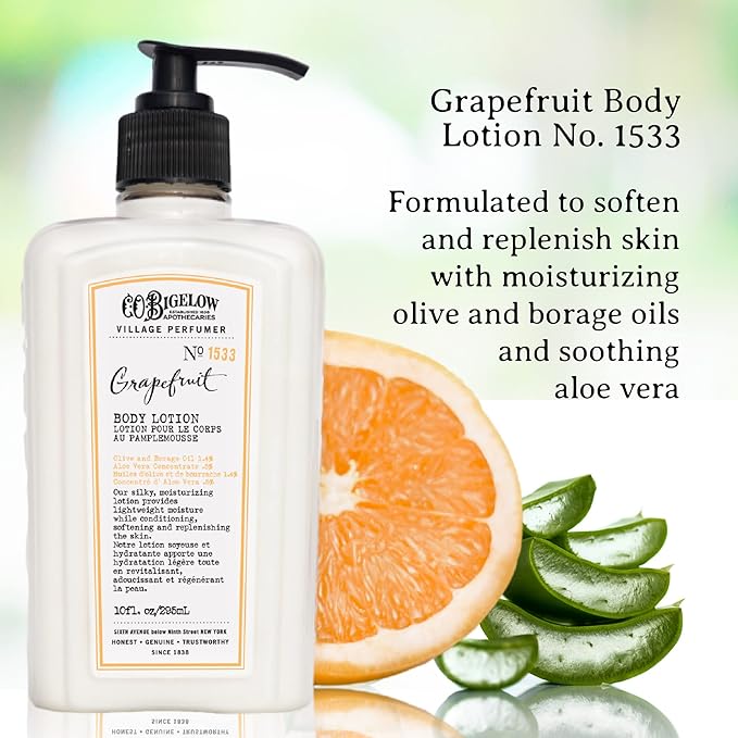 C.O. Bigelow Grapefruit Body Lotion, Village Perfumer Moisturizing Body Lotion with Aloe Vera, Borage Oil & Olive Oil, 10 Fl Oz-Velvo Beauty