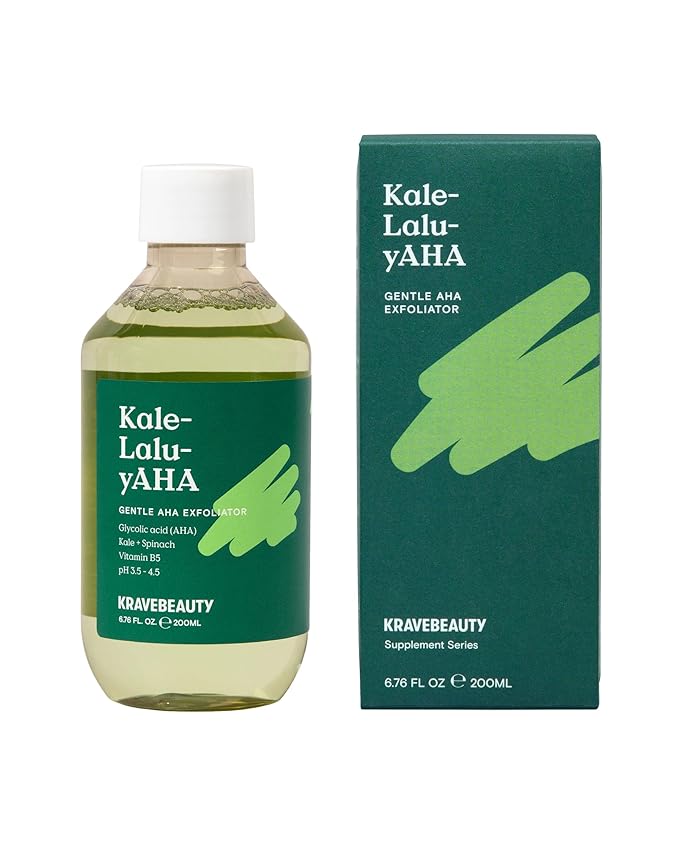 Krave Beauty Kale-Lalu-yAHA - Gentle 5.25% AHA Exfoliator with Glycolic Acid, Hyaluronic Acid, and Vitamin-Rich Kale for Texture, Discoloration, and Dead Skin Cells, Vegan and Cruelty-Free, 6.76 fl oz-Velvo Beauty