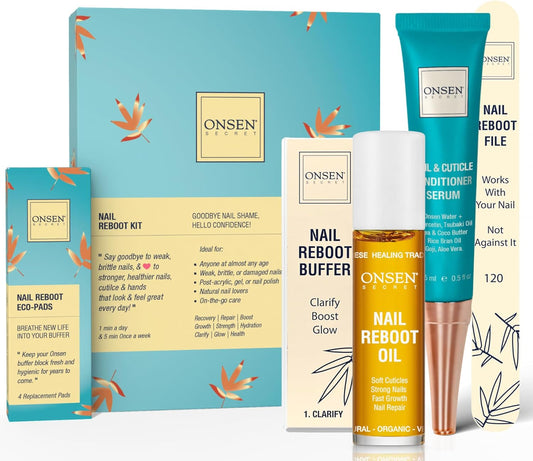 Onsen Secret Complete Nail Reboot Kit w/Nail Reboot Oil 10ml, Nail File 120/180 Grit Double Sided, A 3-Way Nail Buffer Block & Cuticle Serum-15ml w/Cuticle Oil in Action-Super Value Pack-Velvo Beauty