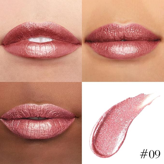 evpct Pine Red Metallic Glitter Lip Liner and Lipstick Combo Lip Gloss Stain Set Makeup for Women Long Lasting Waterproof 24, Warm Pink Metallic Shimmer Frosted Iridescent Shiny Liquid Lipstick 09-Velvo Beauty