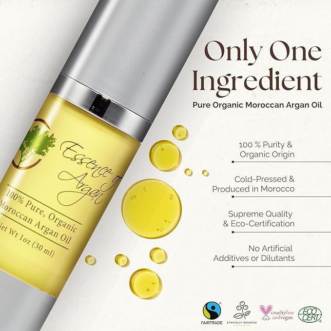 Essence of Argan 100% Pure Moroccan Organic Argan Oil - Natural EcoCert Oil that Nourishes and Conditions Your Skin, Hair and Nails (50ml/1.7oz)-Velvo Beauty