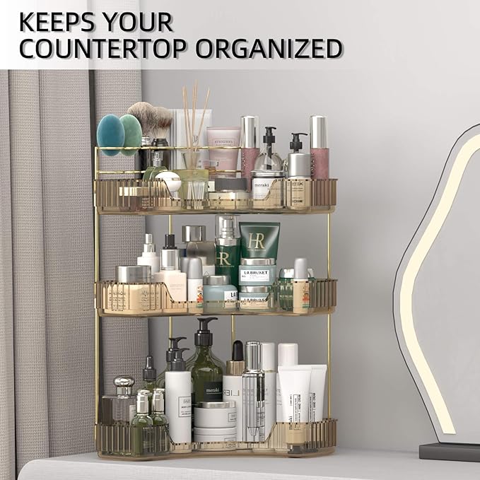 Corner Bathroom Counter Organizer with Top Toothbrush Holders, 3-Tier Make Up Organizers for Vanity with Brush Holder, Corner Storage for Bathroom, Kitchen, Dresser-Velvo Beauty