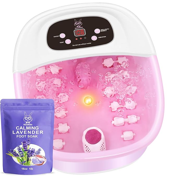 Foot Spa Bath Massager with Heat Bubbles and Vibration Massage and Jets, 16 OZ Calming Lavender Foot Soak Epsom Salt, Foot Soaker with Red Light, 22 Massage Rollers, Adjustable Temp - Pink-Velvo Beauty