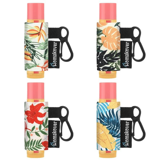 4 Pack Compact Clip-On Chapstick Holder Lip Balm Holder Keychain, Premium Release Clip Elastic Sleeves Lip Gross Holder Keychain Clip On Lipstick Sleeve, Fits Most Standard Lip Balm-Velvo Beauty