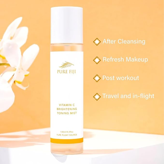Pure Fiji Face Toner Mist with Vitamin C for Brightening & Refreshing Antioxidant Face Mist Hydrating Spray Helps Even Skin, Smooths Fine Lines and Wrinkles (4.4oz/130ml)-Velvo Beauty