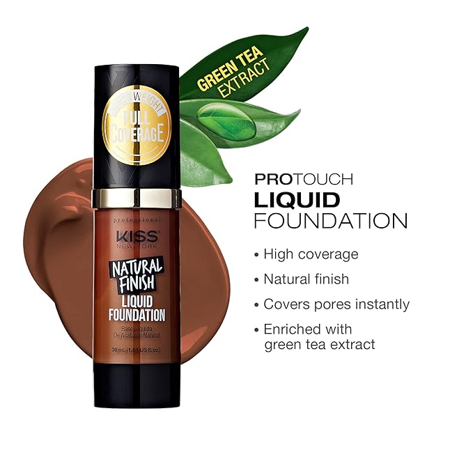 Kiss New York Professional Liquid Foundation - Lightweight and Hydrating Formula, Natural Finish, Control Shine, Cover Pores, Medium to Full Coverage, Green Tea Extract (Mocha)-Velvo Beauty