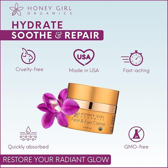 Honey Girl Organics Face & Eye Crème, USDA Certified Organic Facial Moisturizer & Under Eye Cream for Wrinkles, Dark Circles and Puffiness w/Hydrating Honey, Beeswax, Essential Oils & EVOO. 1.75oz-Velvo Beauty
