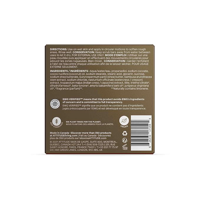 ATTITUDE Body Scrub Bar, Natural Origin, Gentle Exfoliator for Body and Foot, Nourishes and Softens Skin, Bamboo Powder & Shea Butter, EWG verified & Vegan, Sandalwood, 4 Oz-Velvo Beauty