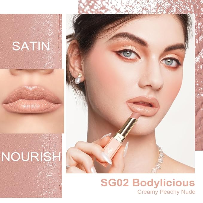 Oulac Beige Nude Satin Lipstick Set - Matte Lip Base, Full Coverage Lip Color, Satin Matte Finish, Cream Texture, Hydrating, Infused with Hyaluronic Acid, 4g*2 SG01+SG02-Velvo Beauty