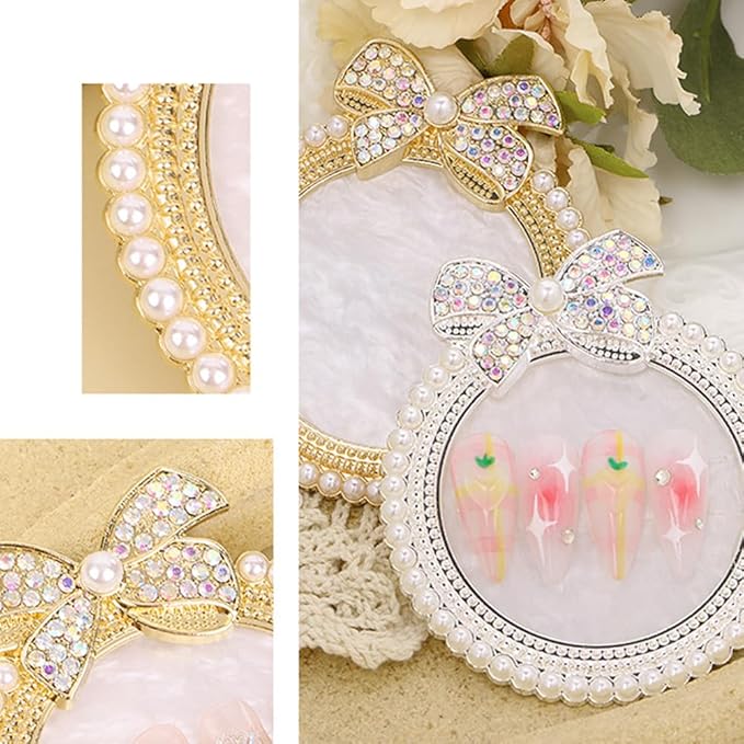 2 Pack Bow with Rhinestones Pearl Nail Art Palette Nail Polish Art Painting Mixing Palette Holder Pearl Edge Professional Cosmetic Nail Art Tools for Women and Girls Nail Polish Display-Velvo Beauty