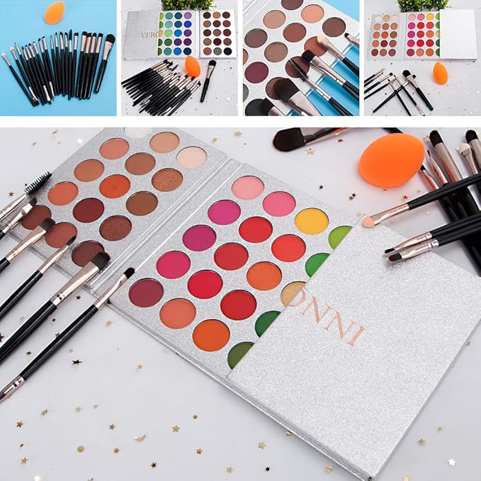 Eyeshadow Palette 65 Colors + 20pcs Makeup Brushes Set + Sponge Blender Sweatproof Pigmented Matte Shimmer Metallic Blendable Soft Pressed Powder Eye Shadow Makeup Palette-Velvo Beauty