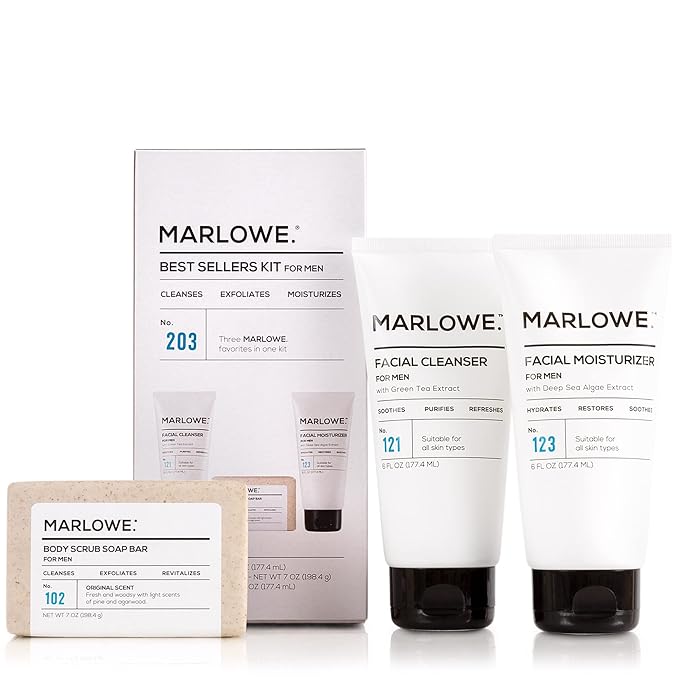 MARLOWE. Best Sellers Kit | No. 203 | Features Signature Body Scrub Soap Bar, Men's Facial Cleanser & Facial Moisturizer | Great Gift for Men-Velvo Beauty