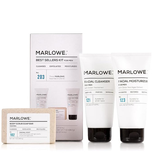 MARLOWE. Best Sellers Kit | No. 203 | Features Signature Body Scrub Soap Bar, Men's Facial Cleanser & Facial Moisturizer | Great Gift for Men-Velvo Beauty