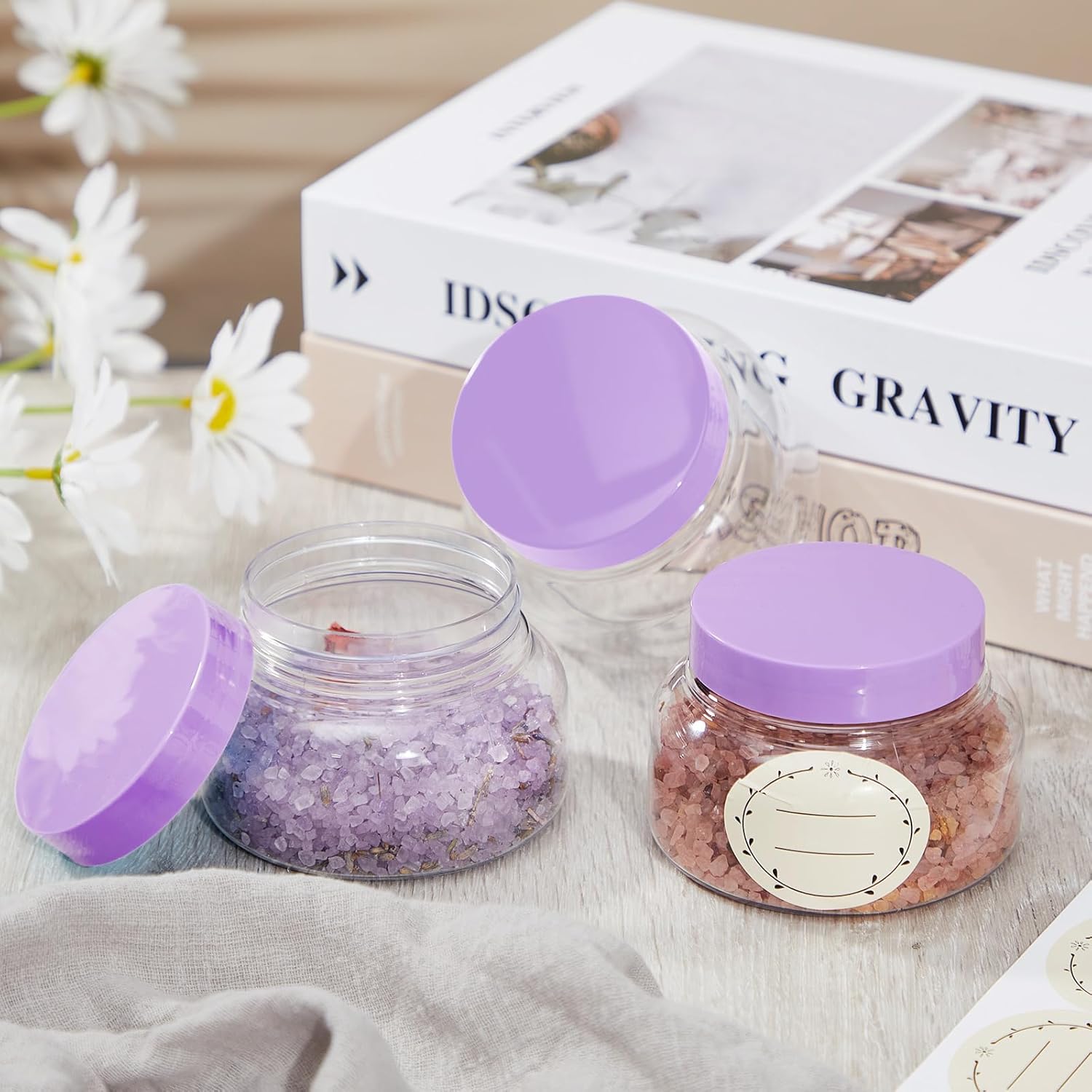 Tessco 24 Pack Plastic Jars with Lids Labels Empty Clear Plastic Jars Round Refillable Cosmetic Containers Body Butter Containers Bulk Sugar Scrub Bottle for Make Up(8 oz,Purple)-Velvo Beauty