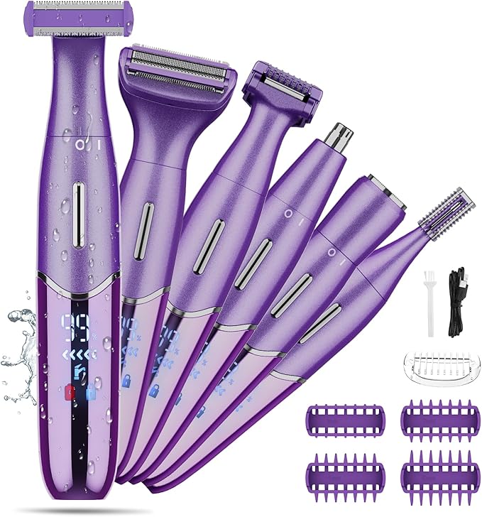 Electric Razor for Women,6 in 1 Women's Bikini Trimmer Shaver for Women & Men Pubic Hair, Private Area, Legs, Eyebrow,Face, Nose, Eyebrow, Body Hair Removal IPX5 Waterproof Wet & Dry-Velvo Beauty