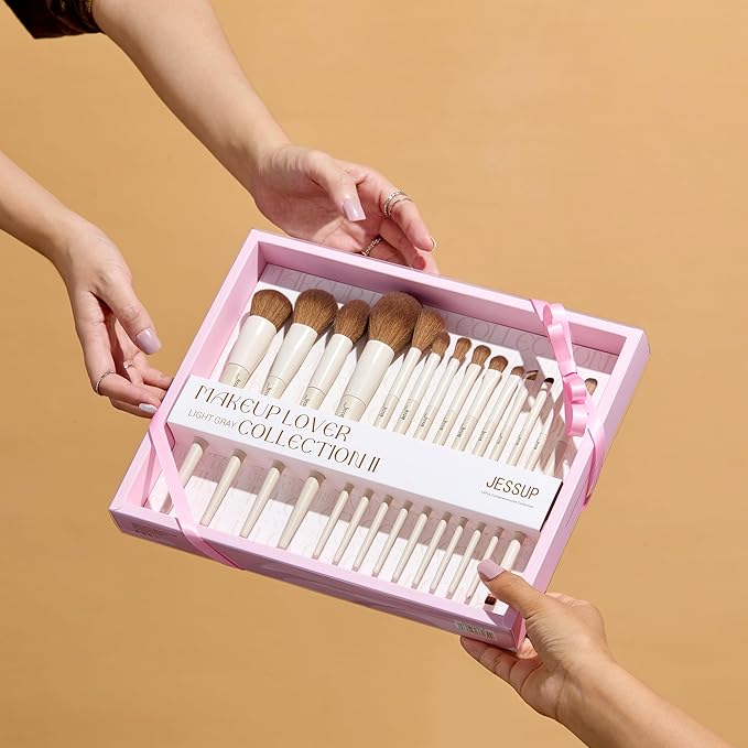 Jessup Makeup Brushes 14Pcs Makeup Brush Set Premium Synthetic Powder Foundation Contour Blush Concealer Eye Shadow Blending Liner Make Up Brush Kit Light Grey with Gift Box, T329-G-Velvo Beauty