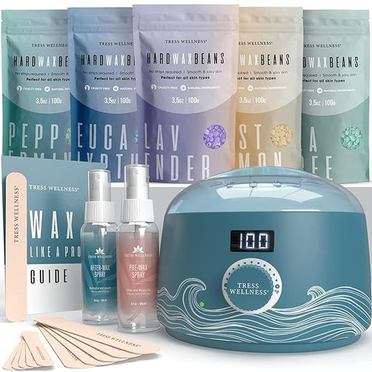 Tress Wellness Waxing Kit for Sensitive Skin – Safe for Face & Skin, Prep & Aftercare Spray, Easy to Use – At-Home Kit for Face, Bikini, Brazilian & Full Body - Digital Display, Blue Water-Velvo Beauty