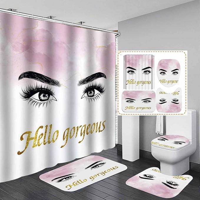 4PCS Hello Gorgeous Eyelash Shower Curtain Set, Gold Glitter Quotes Black Eyebrow Makeup Pink Marble Glam Modern Fashion Girly Women Bathroom Decor, Non-slip Bath Mat Toilet Rug, Charming Eyes-Velvo Beauty
