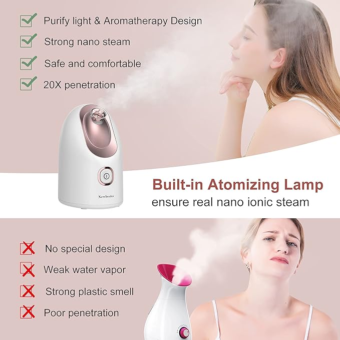 Newbealer Facial Steamer, Mini Aroma Face Steamer, Nano Ionic Hot Mist Face Humidifier for Facial Deep Cleaning, Home Sauna Spa Sprayer with 9 Pieces Acne Remover Kit (White-Gold, 160 ML)-Velvo Beauty