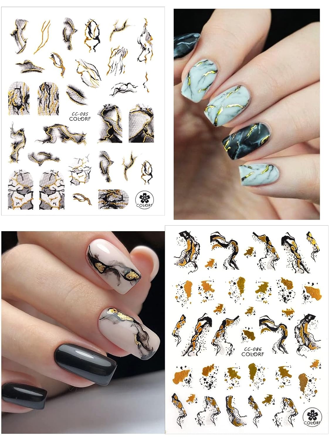 TOROKOM 12 Sheets Nail Art Stickers Decals,Self-Adhesive Black White Gold Stripe Line Nail Decals Marble Wave Nail Sticker Supplies for 3D Nail Design Nail Accessories for Women French Nail Decoration-Velvo Beauty