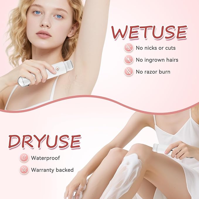 Bikini Trimmer for Women - 2 in 1 Electric Body Hair Trimmer for Silky Skin, Cordless Body Shaver for Travel, IPX7 Waterproof & Easy to Clean, Replaceable Ceramic Blade Heads (White)-Velvo Beauty
