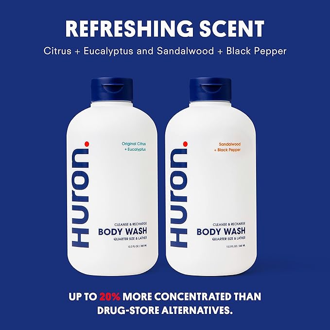 Huron Men's Moisturizing Body Wash - Crisp Citrus, Eucalyptus, Mint & Aromatic Greens Scent, 12.2 fl oz (2 Pack)-Velvo Beauty