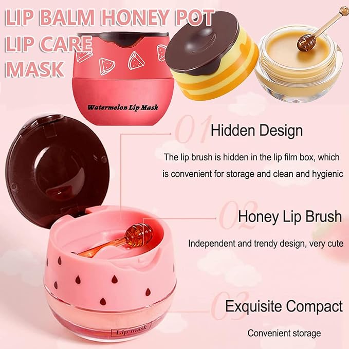 Bee Lip Balm Honey Pot,1Pcs Watermelon Lip Balm Moisturizing Lip Sleeping Mask Hydrating Prevention Dry & Cracked Lip Exfoliator Lip Wrinkle Lip Care Lip Mask Overnight Reduces Lip Line (Watermelon)-Velvo Beauty