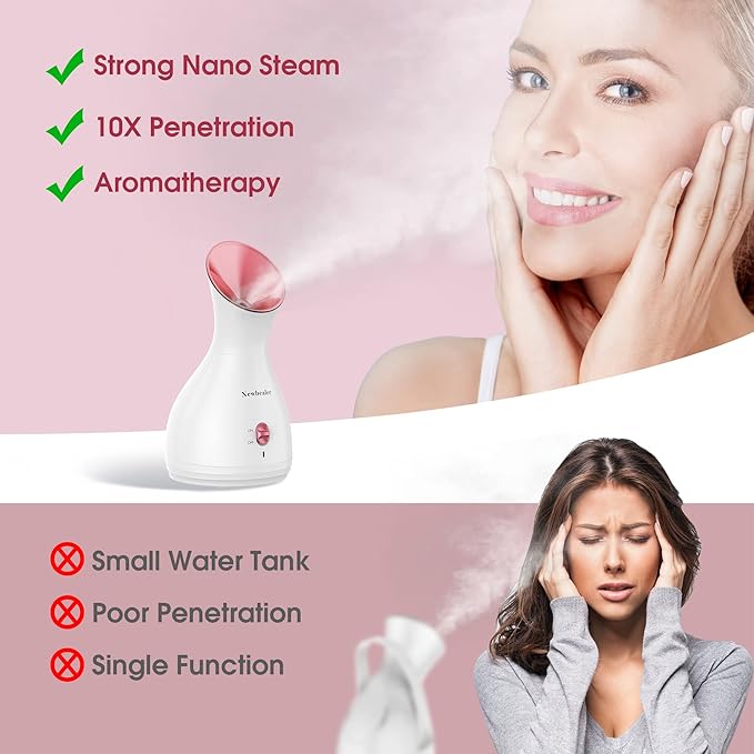 Newbealer 2in1 Facial Steamer, Hot Mist Facial Aromatherapy Humidifier Atomizer, Large Face Steamer Unclogs Pores Sinuses Moisturizing, Home Sauna Spa with Eyebrow Set (Red, 170ml)-Velvo Beauty