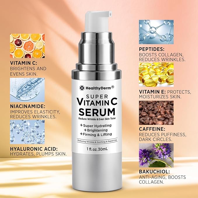 Super Vitamin C Serum for Women Over 70: Niacinamide, Vitamin C, Hyaluronic Acid, Peptides, Vitamin E, Caffeine, Bakuchiol, Hydrating, Lifting, Wrinkle & Age Spots Reduction Pack of 2-Velvo Beauty