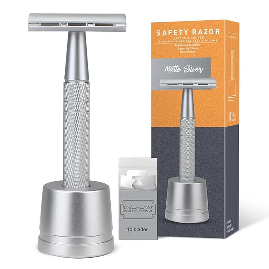 Double Edge Safety Razor with Stand, Single Blade Razors for Men and Women, Reusable Metal De Razor, Men's Safety Shaving Razors with 10 Double Edge Blades, Smooth and Close Shave, Matte Silver-Velvo Beauty