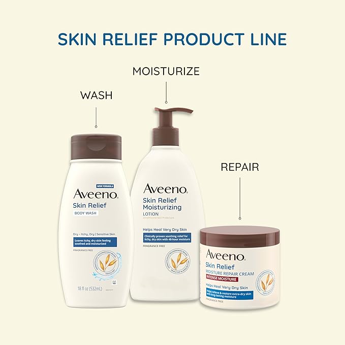 Aveeno Skin Relief Moisturizing Lotion for Very Dry, Itchy, Dry Skin, Body Moisturizer, Soothing Triple Oat & Shea Butter, Fragrance-Free, Non-Greasy, 33 fl oz-Velvo Beauty
