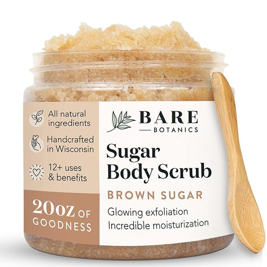 Bare Botanics Brown Sugar Body Scrub 20 oz - Naturally Scented Coconut Vanilla Sugar Scrub Made in Madison, WI - Formulated w/Skin Loving Moisturizers - Vegan, Cruelty Free w/a Cute Wooden Spoon-Velvo Beauty