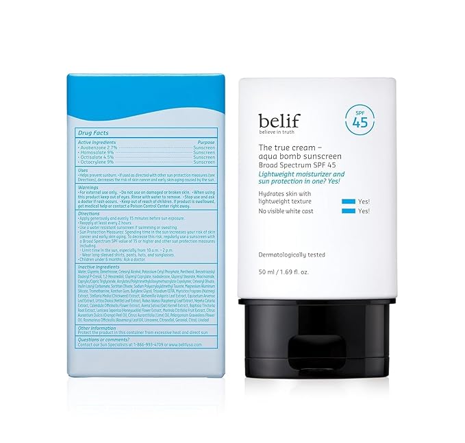 belif Aqua Bomb SPF 45 Hydrating Niacinamide Sunscreen (1.69 fl. oz) - The True Cream PA++++, Daily Broad Spectrum, No White Cast, Weightless & Invisible, Non-Greasy, Korean Skincare-Velvo Beauty