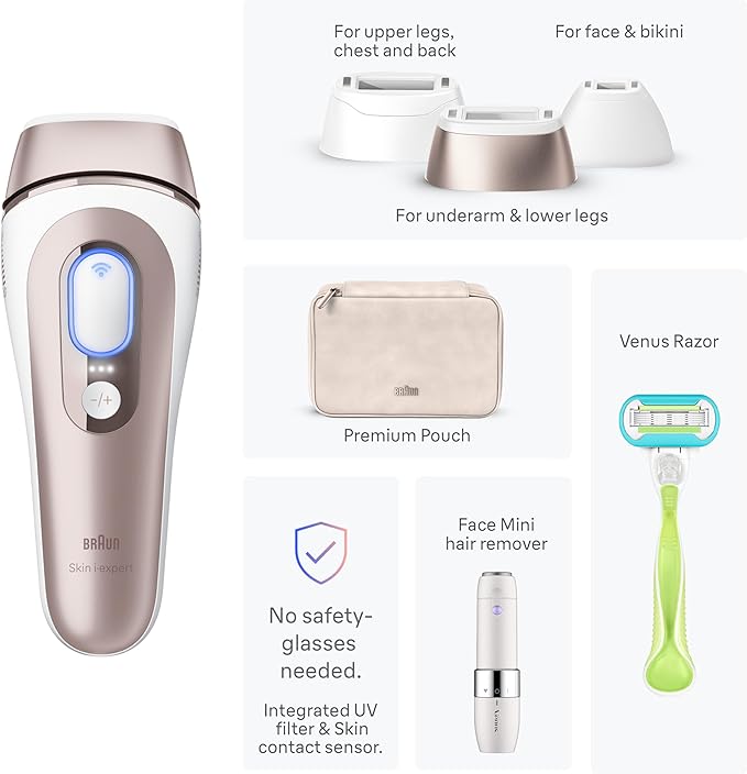 Braun IPL Skin i·Expert, at Home Laser Hair Removal, Permanent Visible Hair Reduction, with Free App, Smart IPL, Vanity Case, Venus Razor, 2 Smart Heads, Facial Trimmer, PL7219-Velvo Beauty