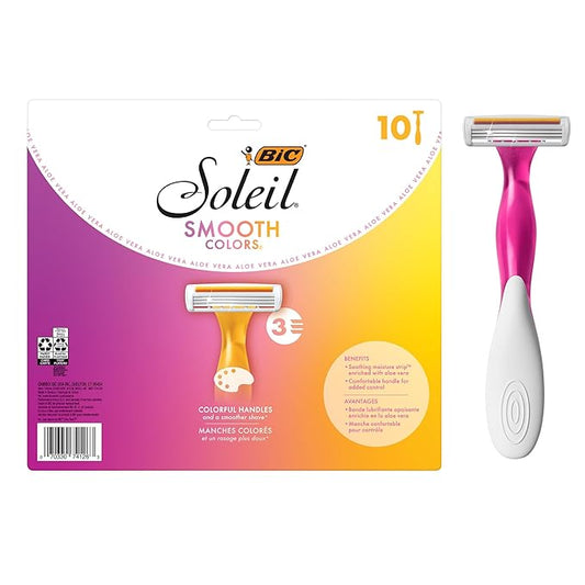 BIC Soleil Smooth Colors Women's Disposable Razors With Aloe Vera and Vitamin E Lubricating Strip for Enhanced Glide, With 3 Blades, 10 Count-Velvo Beauty