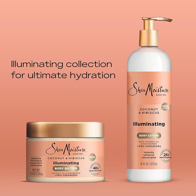 SheaMoisture Illuminating Body Lotion with Coconut Oil, Hibiscus, Niacinamide and Pro-Ceramides, Instantly Enhancing Skin's Natural Glow, 24H Moisturizing 16 oz-Velvo Beauty