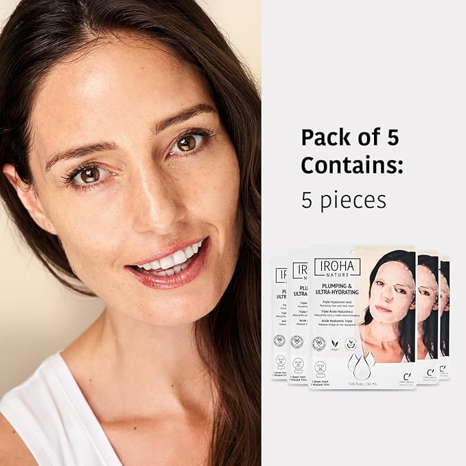 IROHA NATURE Replumping & Anti-Aging Tissue Face Mask (Pack of 5) | With Triple Hyaluronic Acid | Deep Hydration & Anti-Aging Effect | For Softer Skin | 100% Vegan-Velvo Beauty