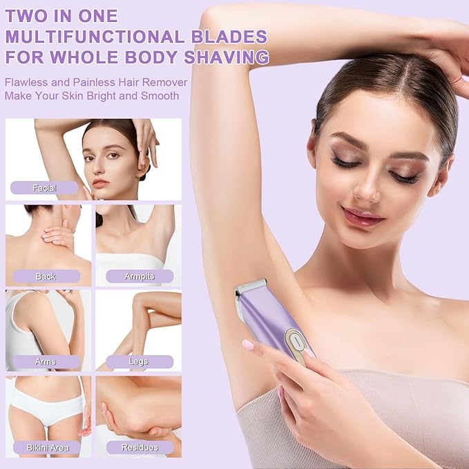 Bikini Trimmer for Women, 2-in-1 Electric Razor for Women, IPX6 Waterproof Wet & Dry Dermave Bikini Shaver, Rechargeable Pubic Hair Trimmer, Electric Shaver for Legs Body Face Hair-Velvo Beauty